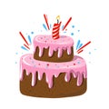 tasty birthday cake with candle, hand drawn vector clipart