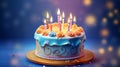 Tasty birthday cake with lighting candies on blue background. generative AI