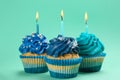 Tasty birthday cupcakes with burning candles on color background Royalty Free Stock Photo