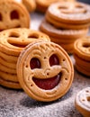 Tasty Biscuit face cookies with jam and sugar powder. Sweet pastries food Royalty Free Stock Photo