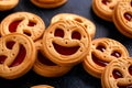 Tasty Biscuit face cookies with jam. Sweet pastries food Royalty Free Stock Photo