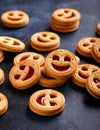 Tasty Biscuit face cookies with jam. Sweet pastries food Royalty Free Stock Photo