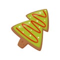 Tasty biscuit gingerbread in shape on Christmas tree with colored icing. Delicious gingerbread. Holiday food. Flat