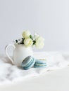 Tasty blue  french macarons and jar with cream roses on a white wooden background Royalty Free Stock Photo