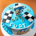 Tasty blue sonic chocolate cake, top view