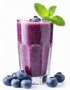 Tasty blueberry smoothie in glass isolated on white background. Delicious and healthy beverage