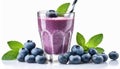 Tasty blueberry smoothie in glass isolated on white background. Delicious and healthy beverage