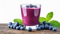 Tasty blueberry smoothie in glass isolated on white background. Delicious and healthy beverage