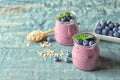 Tasty blueberry smoothie in jars, berries