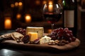 Tasty board with red wine, cheese, grapes and crackers. Royalty Free Stock Photo
