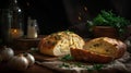 Tasty bread with garlic, cheese and herbs on kitchen table. AI Generative