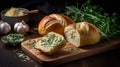 Tasty bread with garlic, cheese and herbs on kitchen table. AI Generative