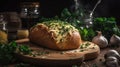 Tasty bread with garlic, cheese and herbs on kitchen table. AI Generative