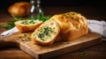 Tasty bread with garlic, cheese and herbs on kitchen table. Generative AI