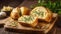 Tasty bread with garlic, cheese and herbs on kitchen table. Generative AI