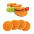 Tasty breaded cutlets on white background, collage
