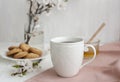 A tasty break: a cup of tea, a bowl of honey and a plate of cookies Royalty Free Stock Photo