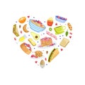 Tasty Breakfast Banner with Tasty Morning Meal Dishes of Heart Shape Vector Illustration