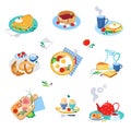 Tasty Breakfast or Brunch with Typical Food Served on Plate Vector Set