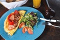 Tasty breakfast. omelet, bread and juice Royalty Free Stock Photo