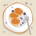 Tasty breakfast with pancakes. Vector flat illustration of pancakes with blueberries on plate. Sweet cheesecakes. Top View. Flat