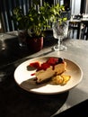 Tasty bright sunny cheesecake under rays of sun Royalty Free Stock Photo