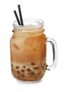 Tasty brown milk bubble tea in mason jar isolated on white Royalty Free Stock Photo