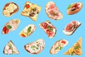 Tasty bruschettas flying on blue background