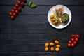 Tasty bruschettas with parma, rucola, olive pasta, olives, humus Royalty Free Stock Photo