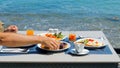 Tasty buffet breakfast served in luxury restaurant with sea view Royalty Free Stock Photo