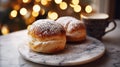 Tasty buns with cream and a cup of tea or coffee on a marble cafe table, on cozy background with bokeh lights. Generative AI