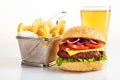 Tasty burger with basket of fries and beer