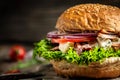 Tasty burger with beef with arugula and blue cheese served on wooden background. fast food and junk food concept Royalty Free Stock Photo