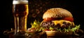 Tasty burger combo. salad, beef patty, and chilled beer, presented on a light background