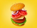 Tasty burger 3d concept. Render fast food sandwich. Bun with seeds, tomato slices, onion rings, cheese and meat cutlet Royalty Free Stock Photo