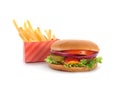 Tasty burger and French fries on white. Traditional American food Royalty Free Stock Photo