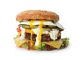 Tasty burger with fried egg on white Royalty Free Stock Photo