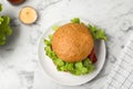 Tasty burger with lettuce and tomato in plate on table