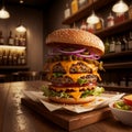 Tasty burger in a restaurant, on a blurred background. Generative AI