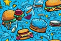 Tasty burgers, fast food. Beautiful seamless pattern picture. Generative AI