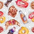 Tasty cake and bun in a watercolor style food. Watercolour illustration set. Seamless background pattern.