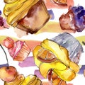 Tasty cake and bun in a watercolor style. Watercolour illustration set. Seamless background pattern.