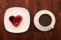 Tasty cake and cup of coffee on drown wooden table Royalty Free Stock Photo