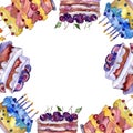 Tasty cake with fruits in a watercolor style . Sweet dessert background set. Frame border ornament square.