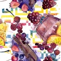 Tasty cake in a watercolor style. Watercolour illustration set. Seamless background pattern.