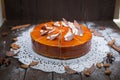 Tasty cake on a wooden board