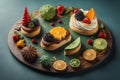 Tasty cakes with fruits on dark background, closeup. Delicious dessert. generative ai