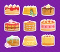 Tasty Cakes Stickers Set, Delicious Sweet Desserts Vector Illustration