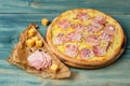 Tasty carbonara pizza with bacon and egg