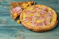 Tasty carbonara pizza with bacon and egg